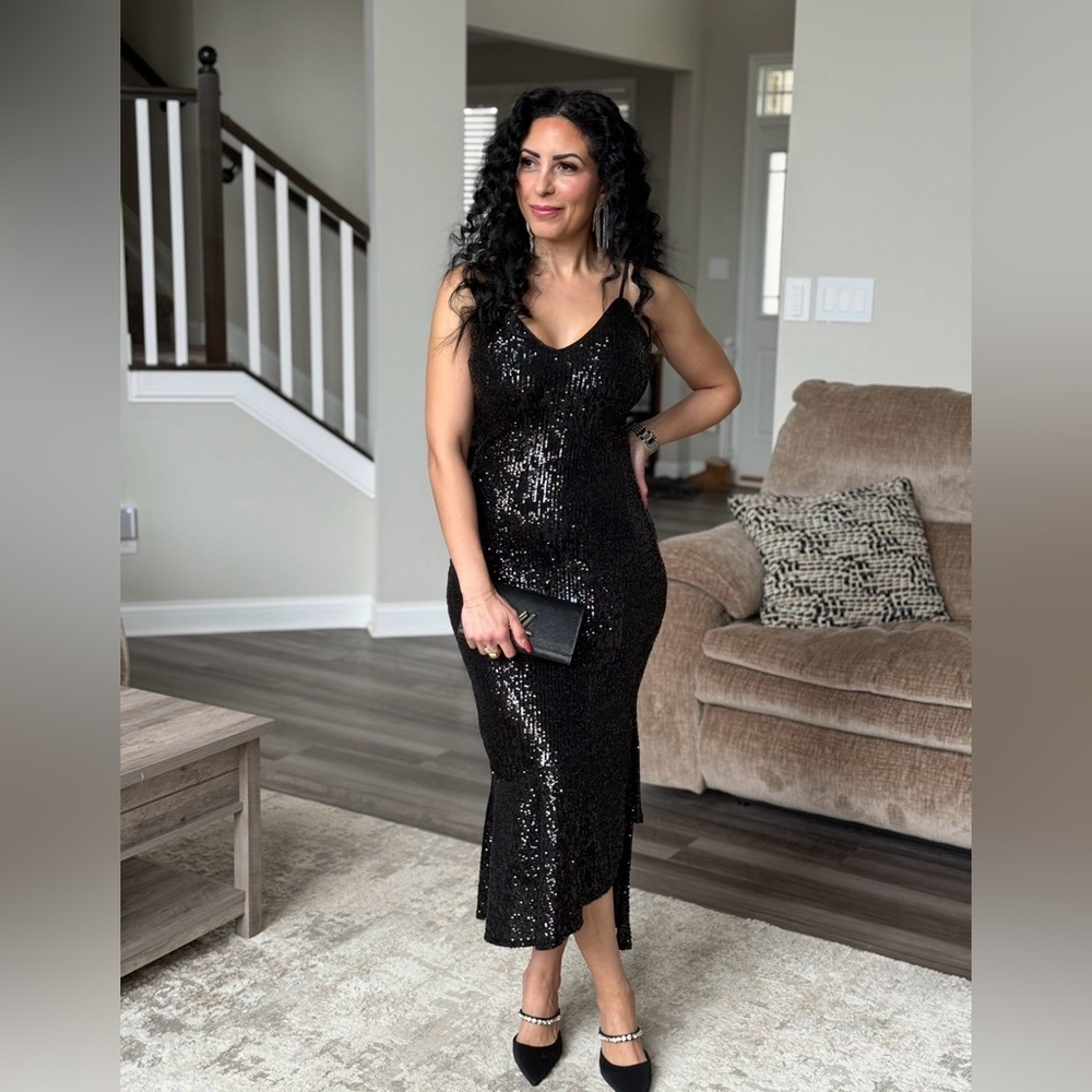 Express Black Sequin Slip Midi Dress S